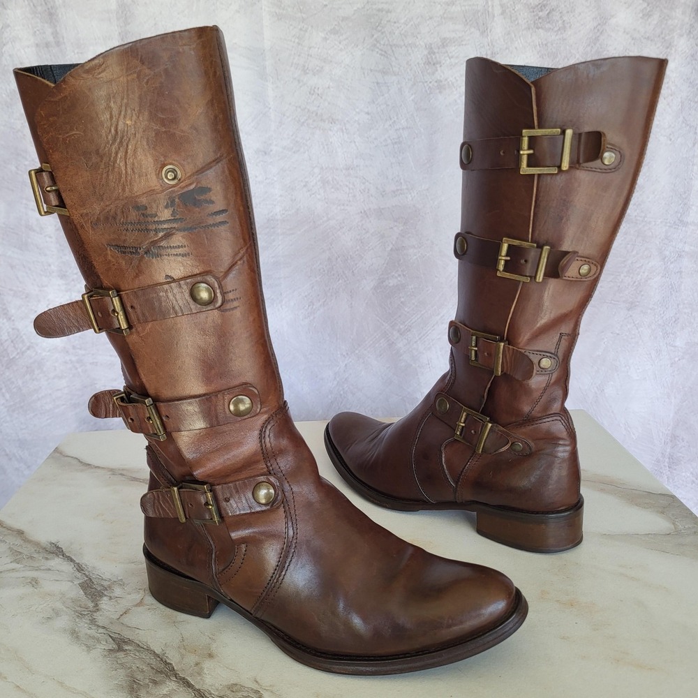 Kenneth Cole New York Ride And Seek Boots Womens Size 7.5 Brown Leather Buckle